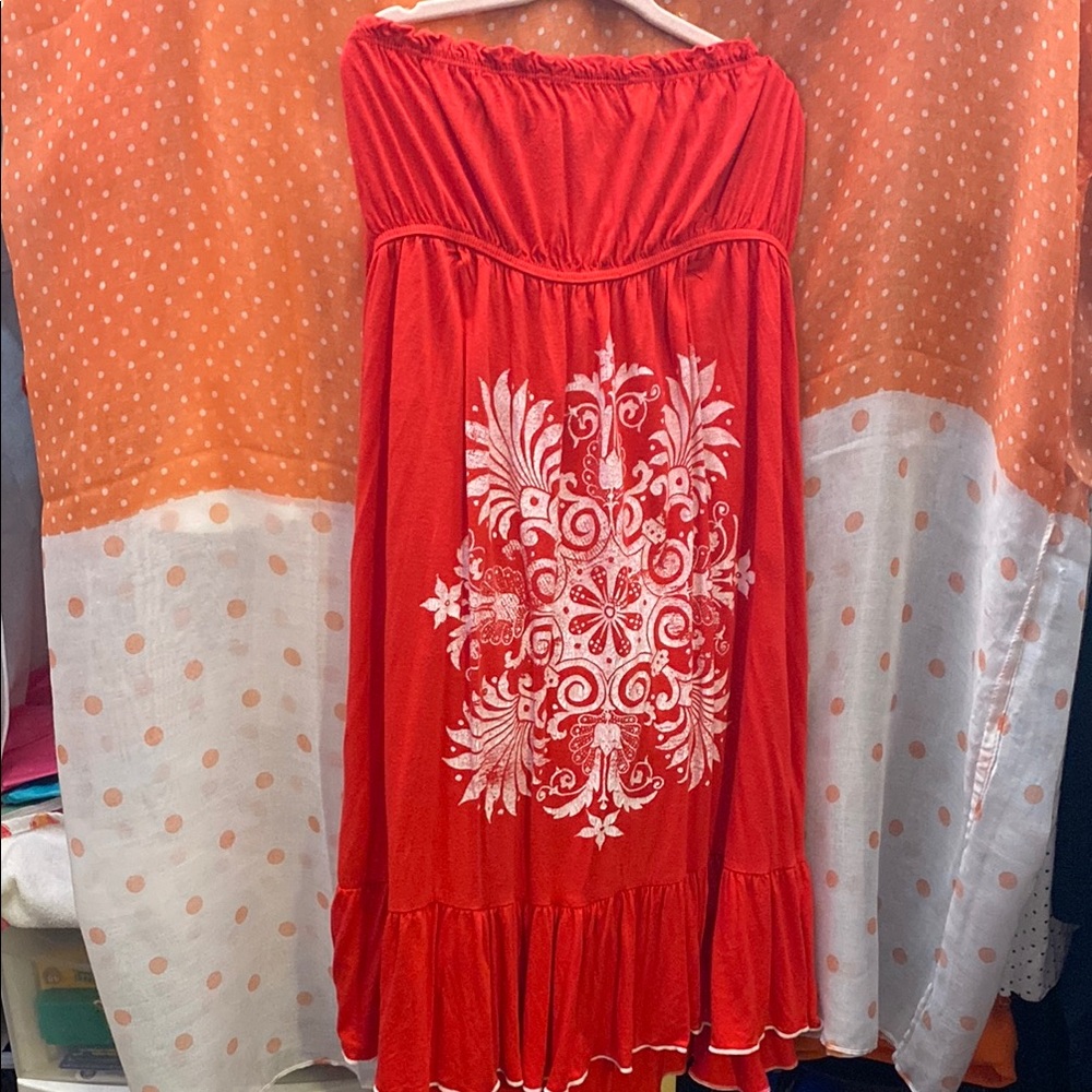 Strapless Red Dress with White Pattern